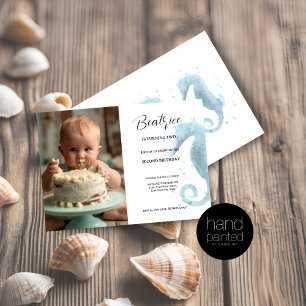 2nd Birthday Dusty Blue Seahorse Photo Invitation