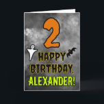 2nd Birthday: Eerie Halloween Theme   Custom Name Card<br><div class="desc">The front of this scary and spooky Hallowe’en themed birthday greeting card design features a large number “2”, along with the message “HAPPY BIRTHDAY, ”, and a customizable name. There are also depictions of a bat and a ghost on the front. The inside features a custom birthday greeting message, or...</div>