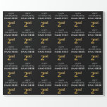 [ Thumbnail: 2nd Birthday: Elegant, Black, Faux Gold Look Wrapping Paper ]