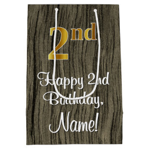 2nd Birthday: Elegant Faux Gold Look #, Faux Wood Medium Gift Bag