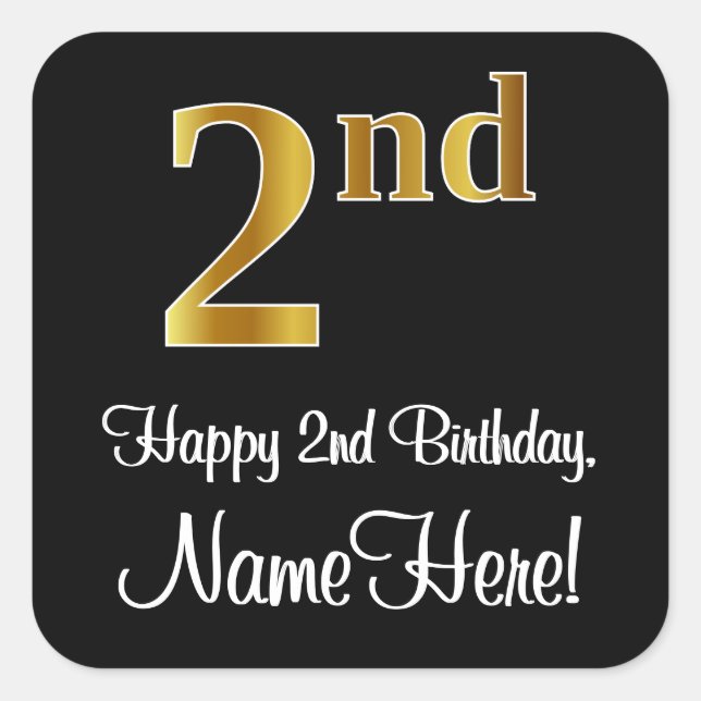 2nd Birthday – Elegant Luxurious Faux Gold Look # Square Sticker (Front)