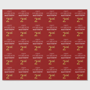 2nd Birthday: Elegant, Red, Faux Gold Look Wrapping Paper
