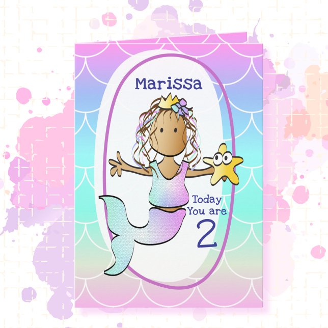 2nd Birthday Ethnic Mermaid Cartoon Adorable Cute  Card (Creator Uploaded)