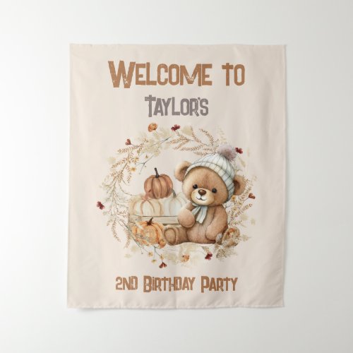 2nd Birthday Fall Bear Welcome Sign Tapestry