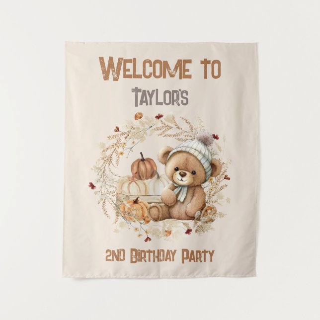 2nd Birthday Fall Bear Welcome Sign Tapestry (Front)