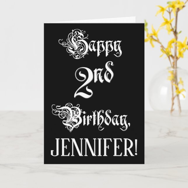 2nd Birthday: Fancy, Elegant Script + Custom Name Card (Yellow Flower)