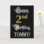 [ Thumbnail: 2nd Birthday — Fancy Script; Faux Gold Look; Name Card ]