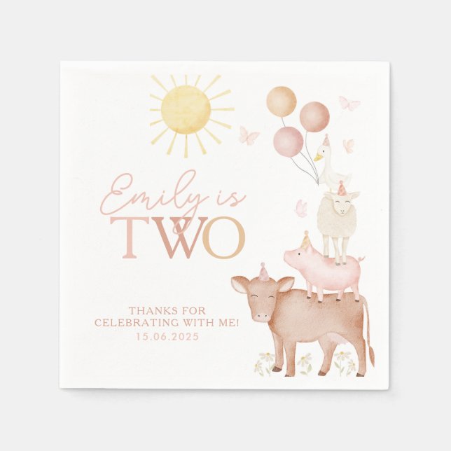 2nd Birthday Farm Animals Barnyard Party Girls Napkins (Front)