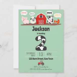 2nd Birthday Farm Animals Oink Baa Moo Kids Invitation