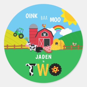 2nd Birthday Farm Barn Animals Oink Baa Moo Classic Round Sticker by LilPartyPlanners at Zazzle