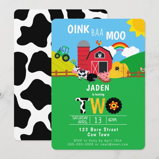 2nd Birthday Farm Barn Animals Oink Baa Moo Cute Invitation (Front/Back)