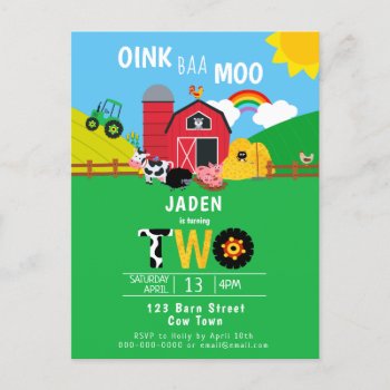 2nd Birthday Farm Barn Animals Oink Baa Moo Cute Invitation Postcard by LilPartyPlanners at Zazzle