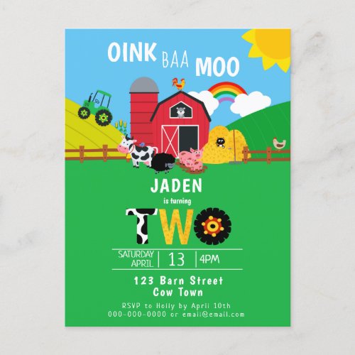 2nd Birthday Farm Barn Animals Oink Baa Moo Cute Invitation Postcard