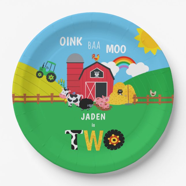 2nd Birthday Farm Barn Animals Oink Baa Moo Paper Plates (Front)