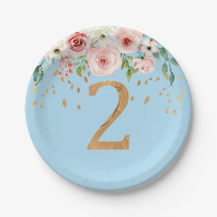 2nd Birthday Floral Blue Boy Paper Plate
