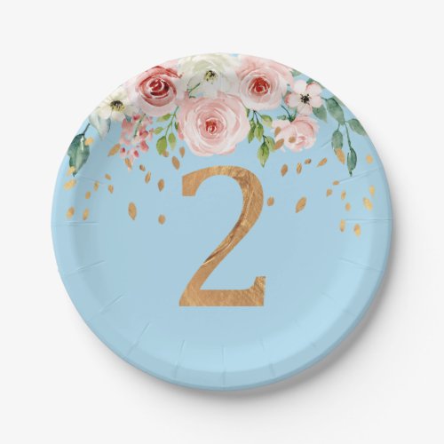 2nd Birthday Floral Blue Boy Paper Plate