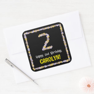 2nd Birthday: Floral Flowers Number, Custom Name Square Sticker