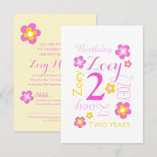2nd birthday flower graphic yellow pink surprise invitation (Front/Back)