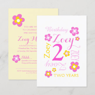 2nd birthday flower graphic yellow pink surprise invitation