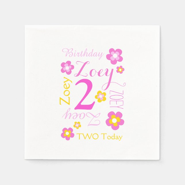 2nd birthday flower named graphic yellow pink napkins (Front)