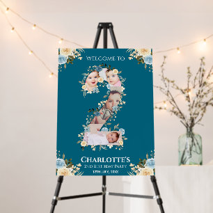 2nd Birthday Flower Teal Photo Blue Yellow Welcome Foam Board