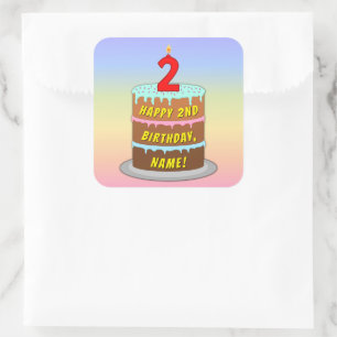 2nd Birthday: Fun Cake and Candle + Custom Name Square Sticker