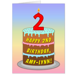 2nd Birthday: Fun Cake & Candle, w/ Custom Name Card