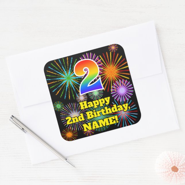 2nd Birthday: Fun Fireworks Look, Rainbow # 2 Square Sticker (Envelope)
