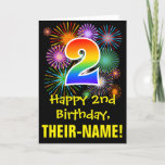 [ Thumbnail: 2nd Birthday: Fun Fireworks Pattern + Rainbow 2 Card ]