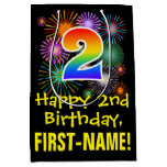 [ Thumbnail: 2nd Birthday: Fun Fireworks Pattern + Rainbow 2 Gift Bag ]