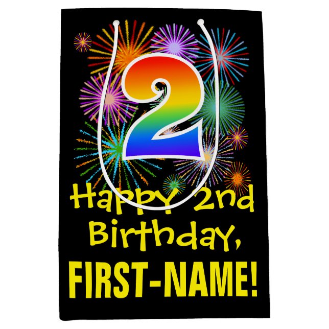 2nd Birthday: Fun Fireworks Pattern + Rainbow 2 Medium Gift Bag (Front)