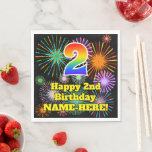 [ Thumbnail: 2nd Birthday: Fun Fireworks Pattern + Rainbow 2 Napkins ]