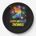 [ Thumbnail: 2nd Birthday: Fun Fireworks Pattern + Rainbow 2 Paper Plates ]