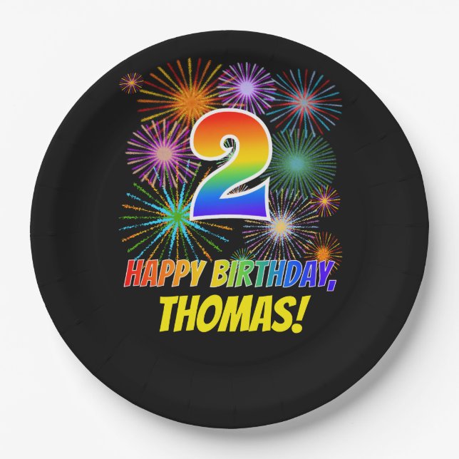 2nd Birthday: Fun Fireworks Pattern + Rainbow 2 Paper Plates (Front)