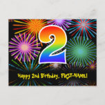 [ Thumbnail: 2nd Birthday – Fun Fireworks Pattern + Rainbow 2 Postcard ]