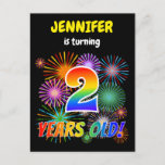 [ Thumbnail: 2nd Birthday - Fun Fireworks, Rainbow Look "2" Postcard ]
