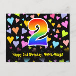 [ Thumbnail: 2nd Birthday: Fun Hearts Pattern, Rainbow 2 Postcard ]