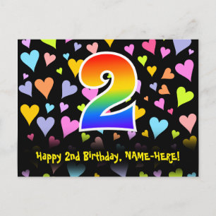 2nd Birthday: Fun Hearts Pattern, Rainbow 2 Postcard