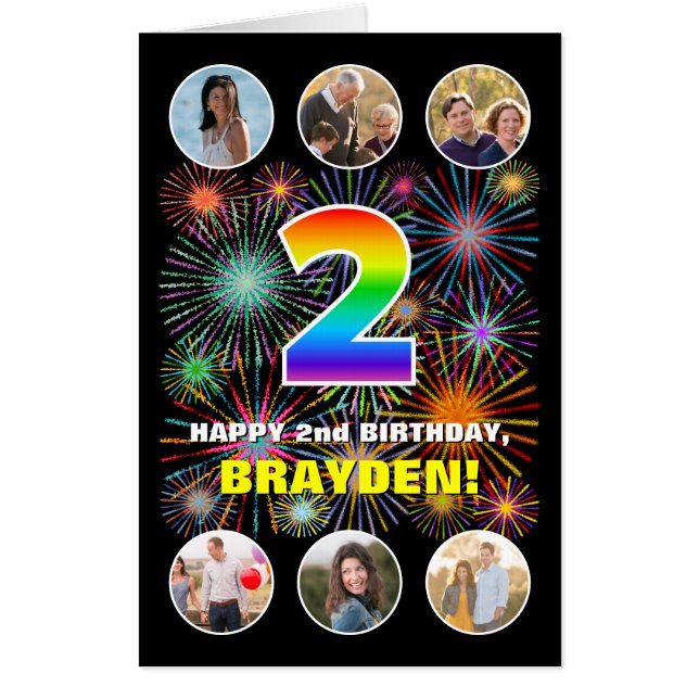2nd Birthday: Fun Rainbow #, Custom Name + Photos Card (Front)