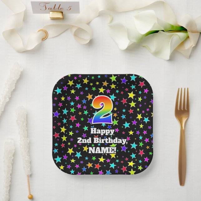 2nd Birthday: Fun Stars Pattern and Rainbow “2” Paper Plates (Wedding)