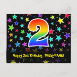 [ Thumbnail: 2nd Birthday: Fun Stars Pattern, Rainbow 2, Name Postcard ]