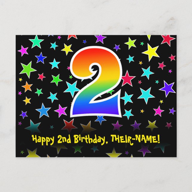2nd Birthday: Fun Stars Pattern, Rainbow 2, Name Postcard (Front)