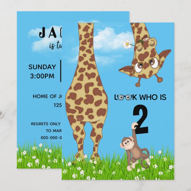 2nd Birthday Giraffe and Monkey in Grass   Invitation (Front/Back)