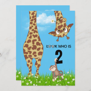 2nd Birthday Giraffe and Monkey in Grass Invitation
