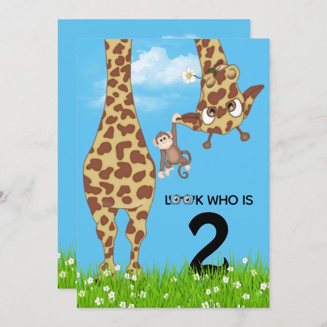 2nd Birthday Giraffe in Grass Invitation (Front/Back)
