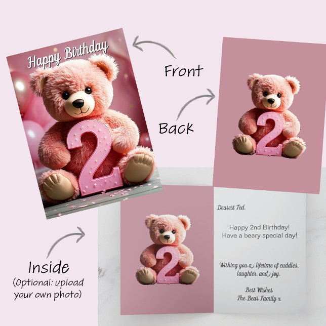 2nd Birthday Girl | Cute Teddy Bear & Balloons Card (Girl Happy 2nd second Birthday card. Cream teddy bear holds number 2. pink party balloons)