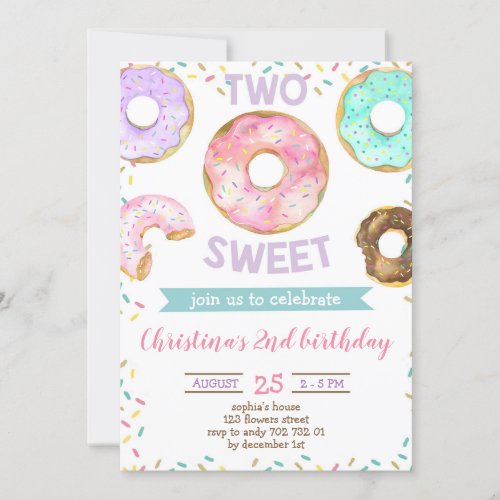 2nd Birthday Girl Donut Themed Two Sweet Cute Invitation