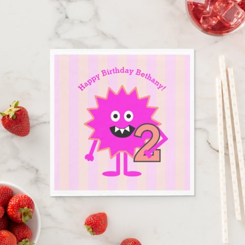 2nd Birthday Girl Hot Pink Monster Cute Fun Modern Napkins