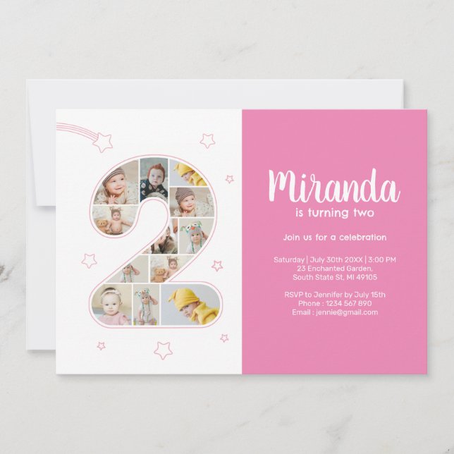 2nd Birthday Girl Number 2 Custom Photo Collage Invitation (Front)