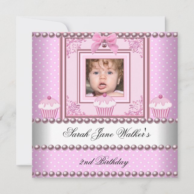 2nd Birthday Girl Pink Cupcakes White Pearl Photo Invitation (Front)